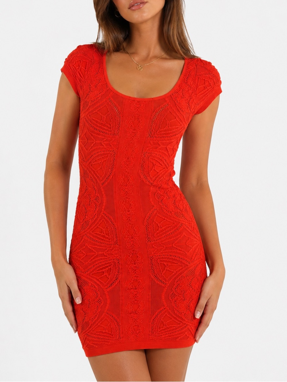 Bebe vintage-inspired Red-Orange Lace Bodycon Dress /XS-S